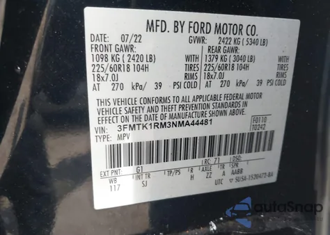 2022 Ford Mustang Mach-E Select z USA, uszkodzony, nr VIN 3FMTK1RM3NMA44481